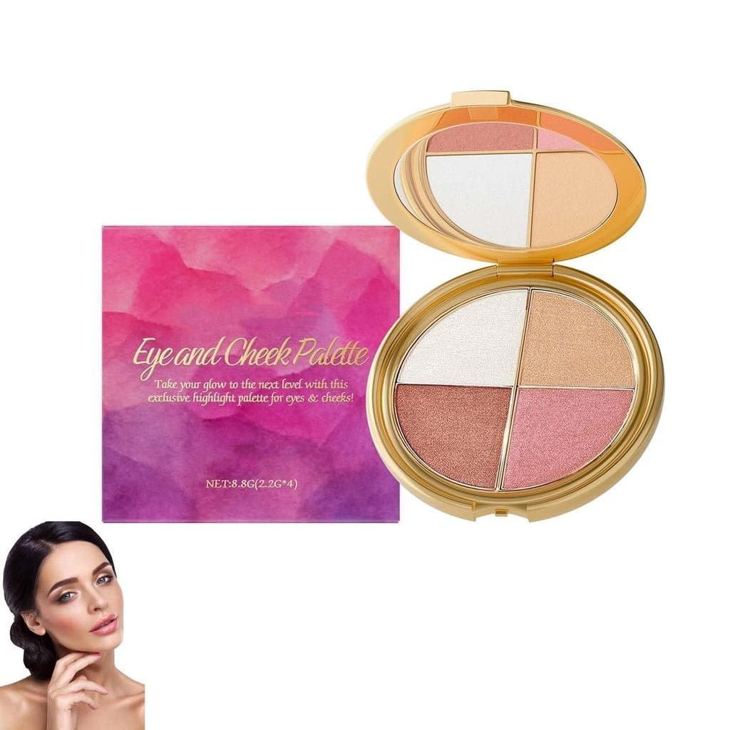 Paleta de maquiagem luminosa quatro em um, incluindo sombra, blush, iluminador e pó de contorno, com tons matte e cintil