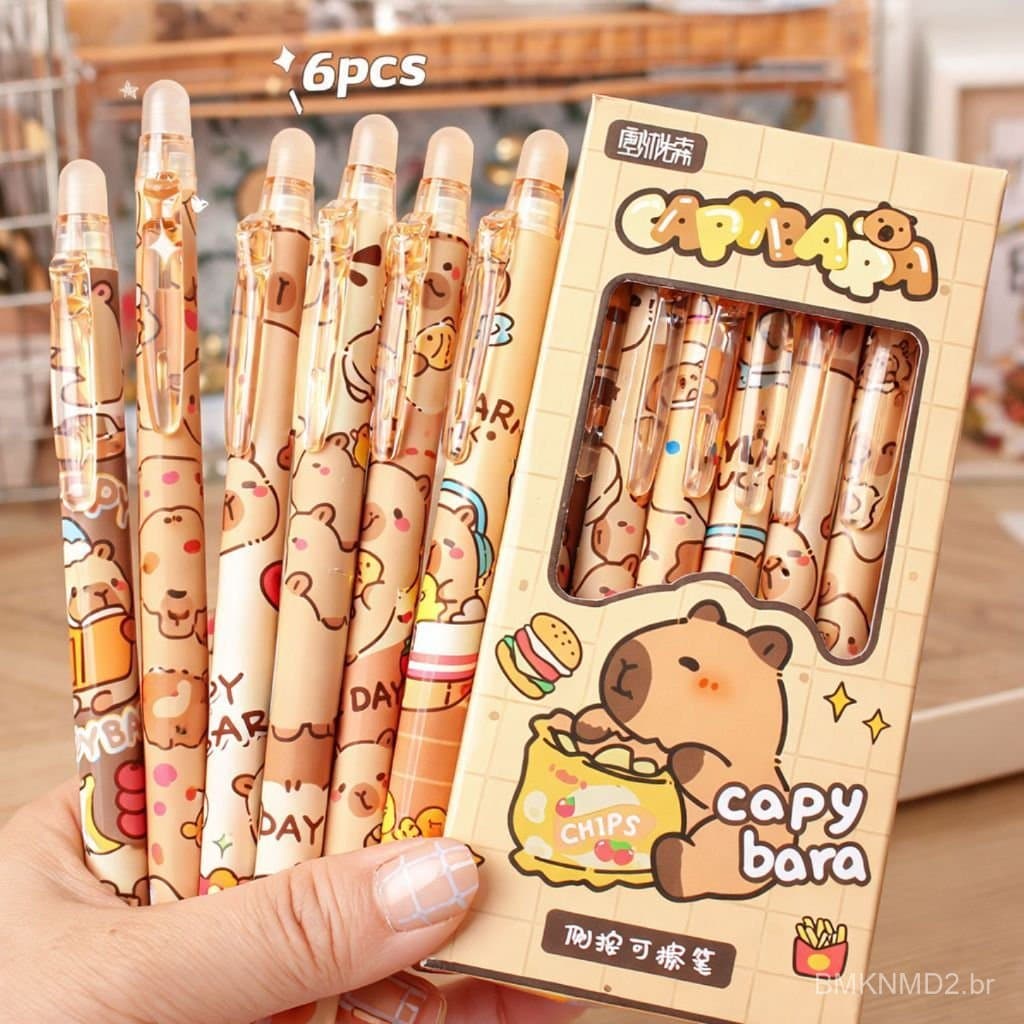 Kit 6 Canetas Apagáveis Capivara Papelaria Fofa Kawaii Capybara ponta fina e escrita macia