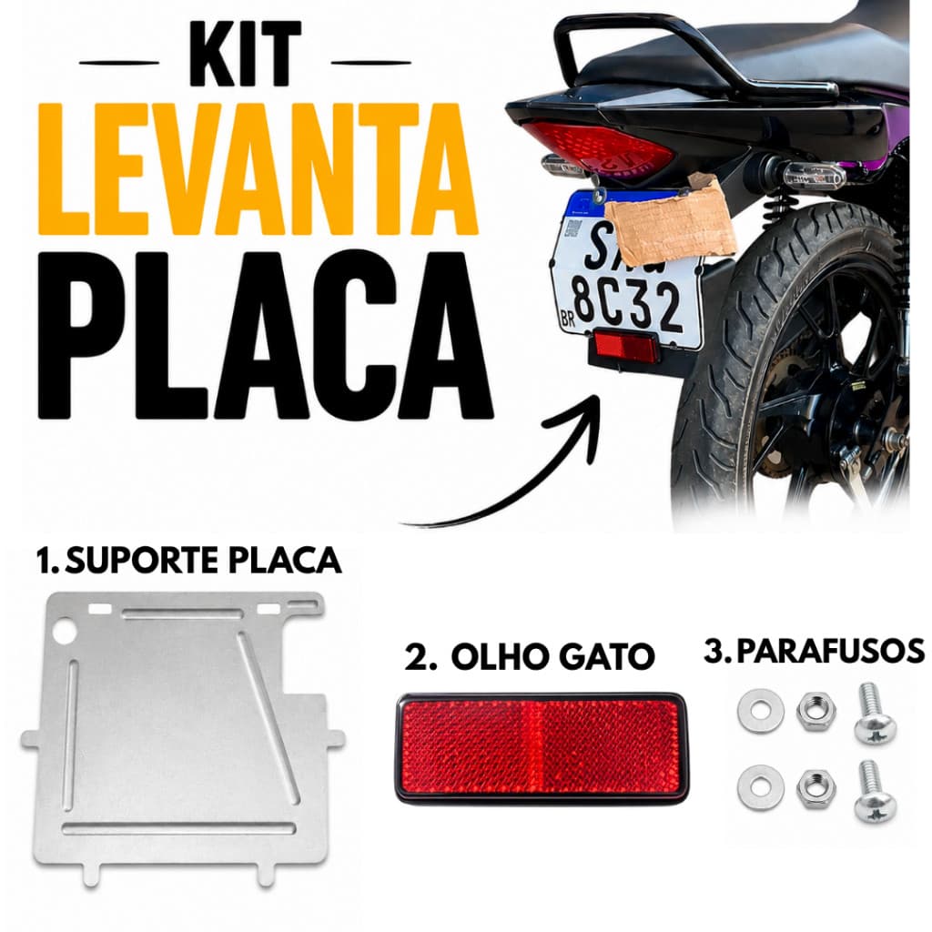 Kit Reforço Suporte Placa Aço Mercosul Moto + Refletor Olho Gato Universal + Parafusos - Levanta Placa