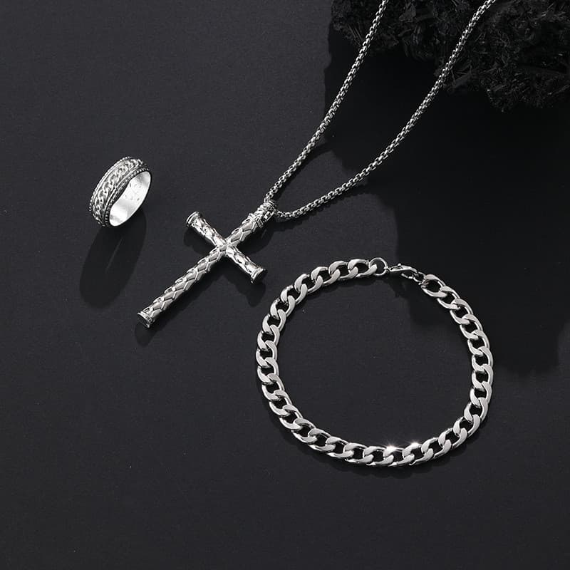 Europeu americano na moda Retro cruz colar pulseira anel masculino único Punk na moda Hip Hop acessórios conjunto de jói