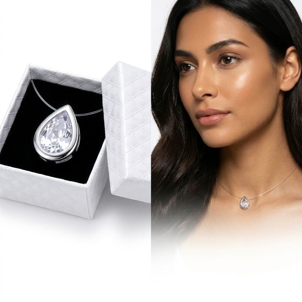 Colar Feminino Gota Zirconia Prata  Fio Invisível Flutuante + Caixa para Presente Luxuosa Presente Perfeito