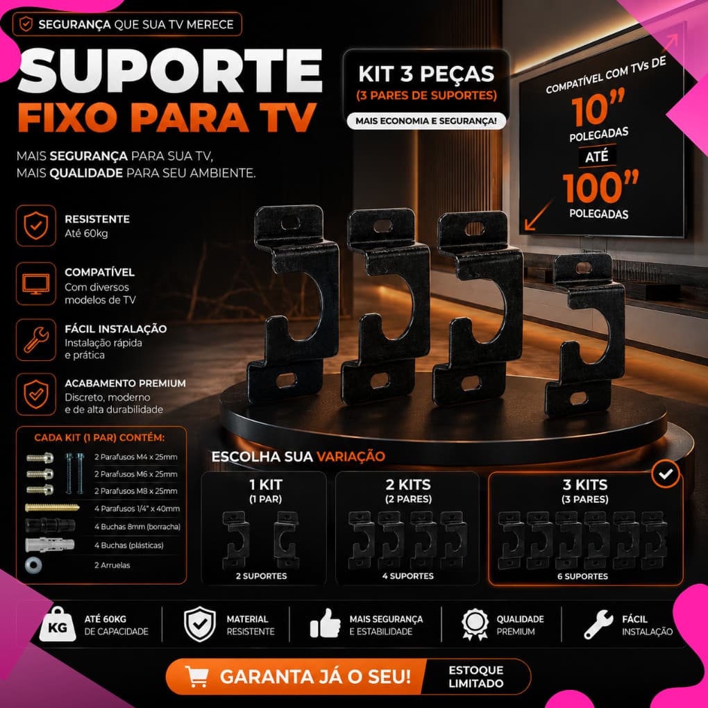 Suporte Universal Fixo P/ Smart TV LED LCD 4K Parede Painel 10 24 32 43 50 55 60 75 E 100 Polegadas