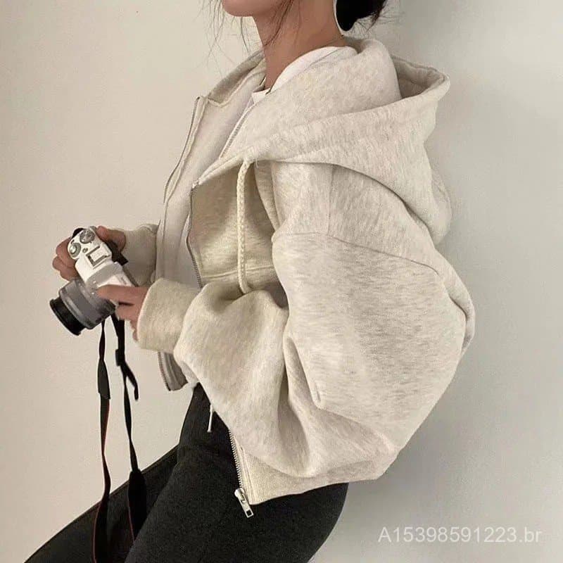 Cross-Border estilo preguiçoso solto moletom com capuz feminino 2024 outono inverno forro de lã engrossado zíper curto m