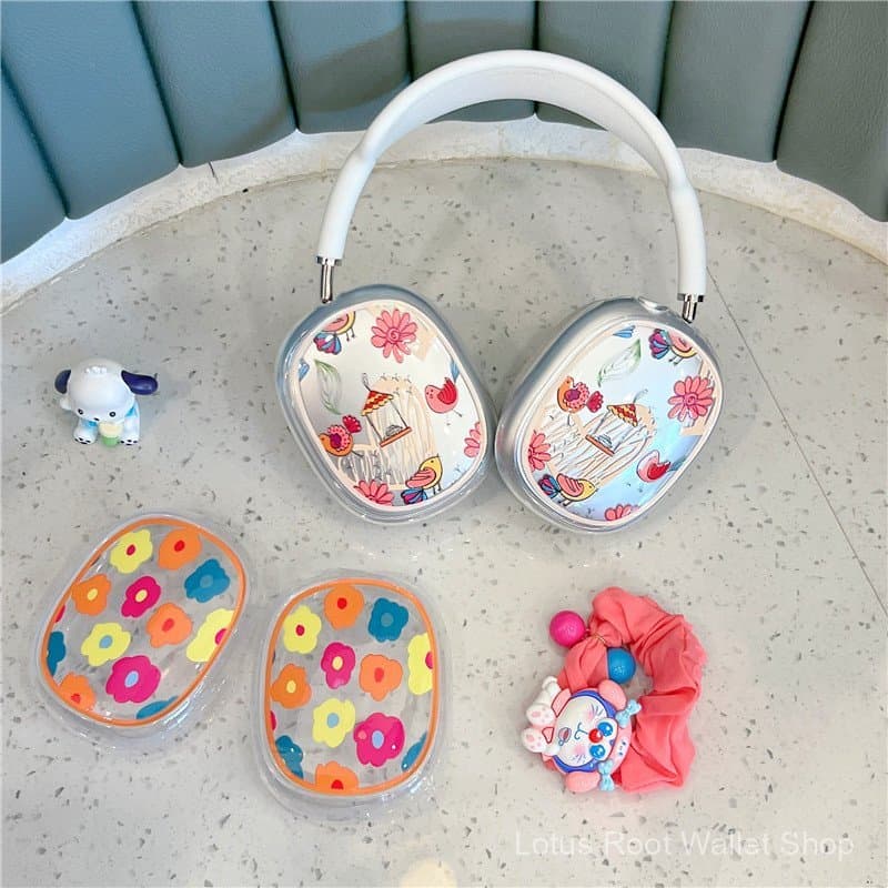 Capa protetora para Apple AirPods Max com estampa de flores e pássaros, capa transparente protetora para fones de ouvido