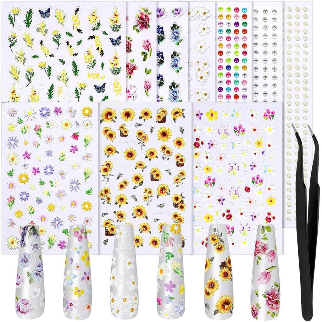 Adesivos de Unhas com Flores FANDAMEI, Decalques para Unhas, 7 Folhas de Adesivos de Unhas 5D em Relevo para Arte em Unh