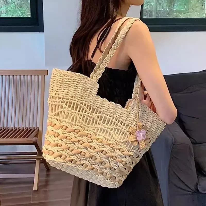 [XKB] Novo estilo estilo étnico bolsa feminina trançada com corda de grande capacidade, bolsa de praia para férias de ve