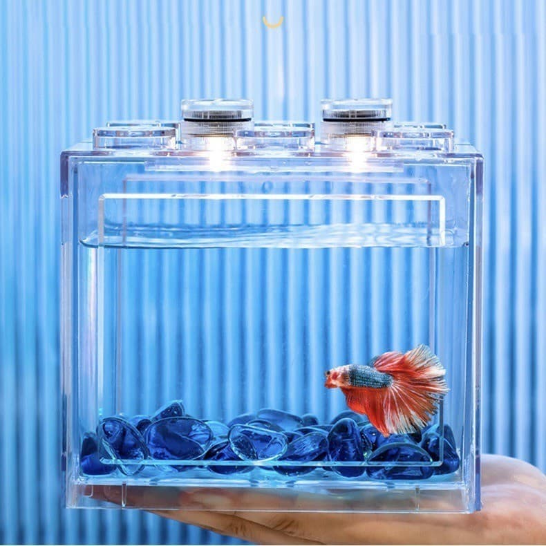 2 peças bloco de construção criativo betta tanque de peixes plástico doméstico Mini pequeno tanque de peixes Desktop peq