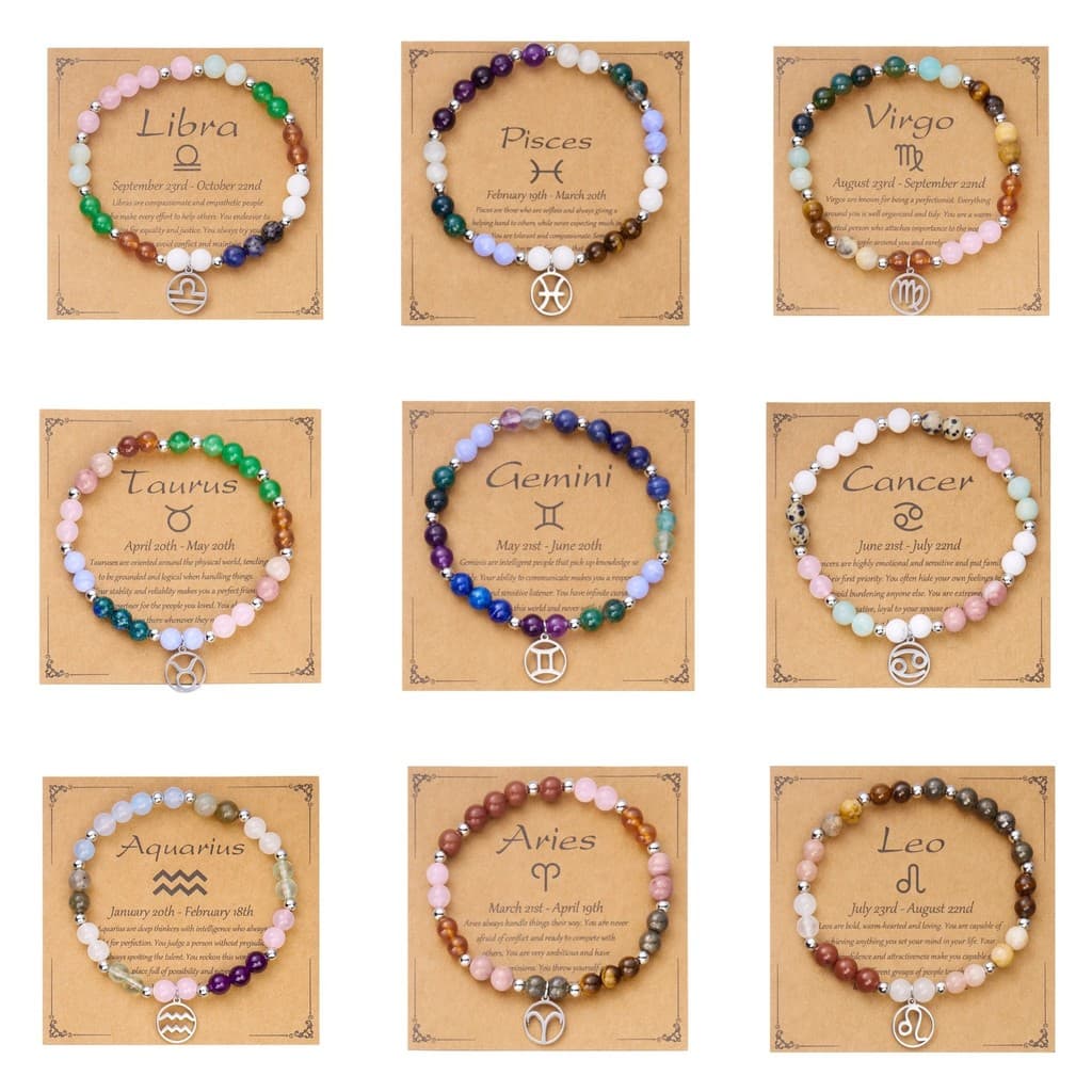 Pulseira De Pedras Preciosas Do Zodíaco 12 Cristal Natural Frisado Astrologia Joias De Aço Inoxidável Presente Para Mulh
