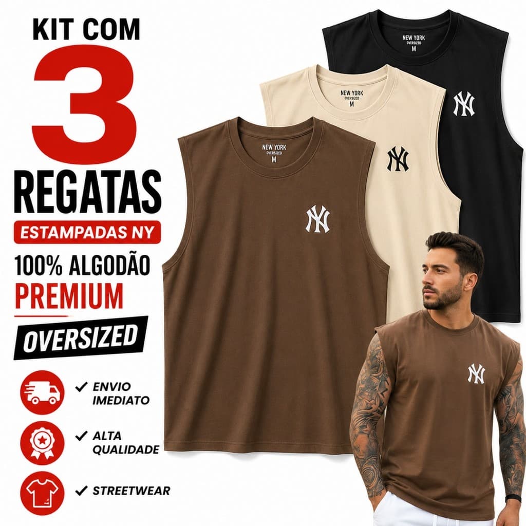 Kit 3 Regatas Masculinas Estampadas NY Premium 100% Algodão Oversized Academia Treino Fitness Casual