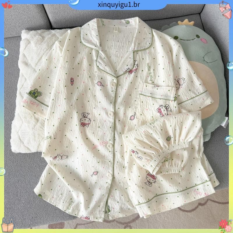 Loja venda quente pijamas femininos verão leite verde KT gato Super macio nuvem algodão fino Shorts de manga curta Loung