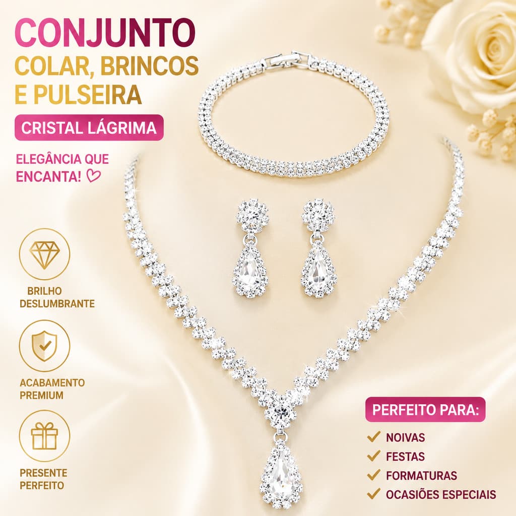 Conjunto Colar Brincos E Pulseira Cristal Lágrima Feminino Elegante Noiva