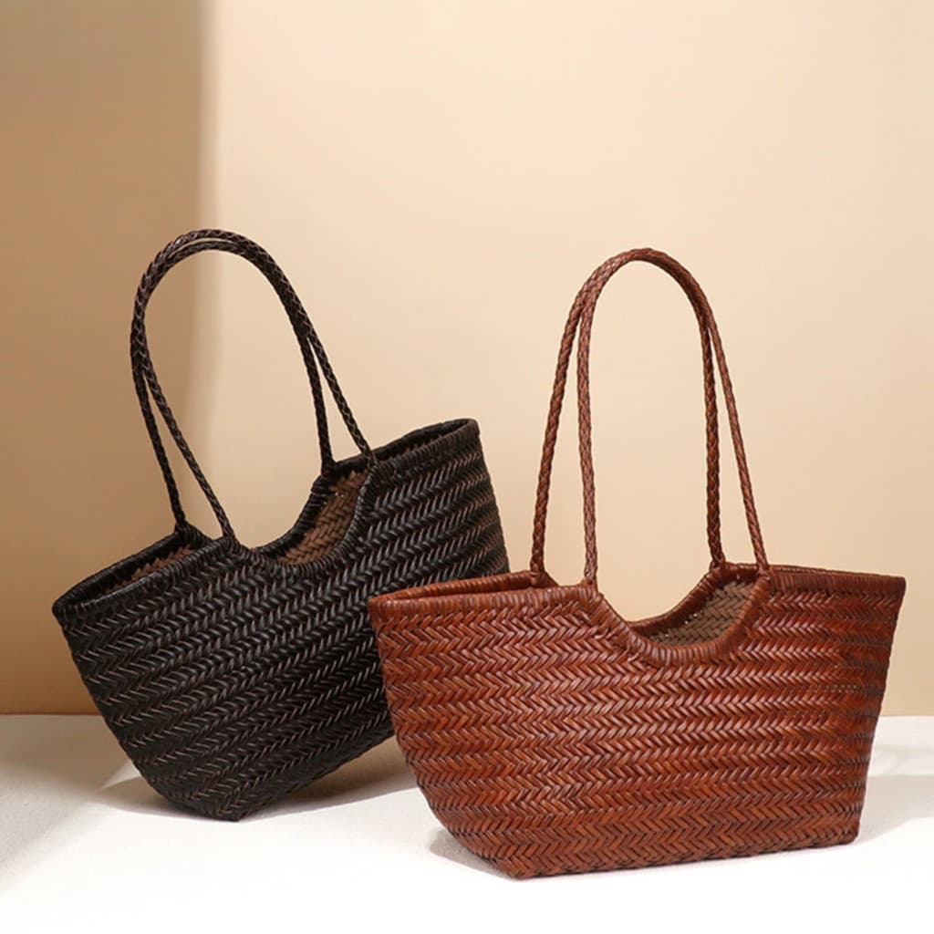 (Ac) Bolsa de Tecido de Couro Genuíno Feita à Mão, Cesta Retro Francesa de Grande Capacidade, Bolsa de Ombro Irregular T