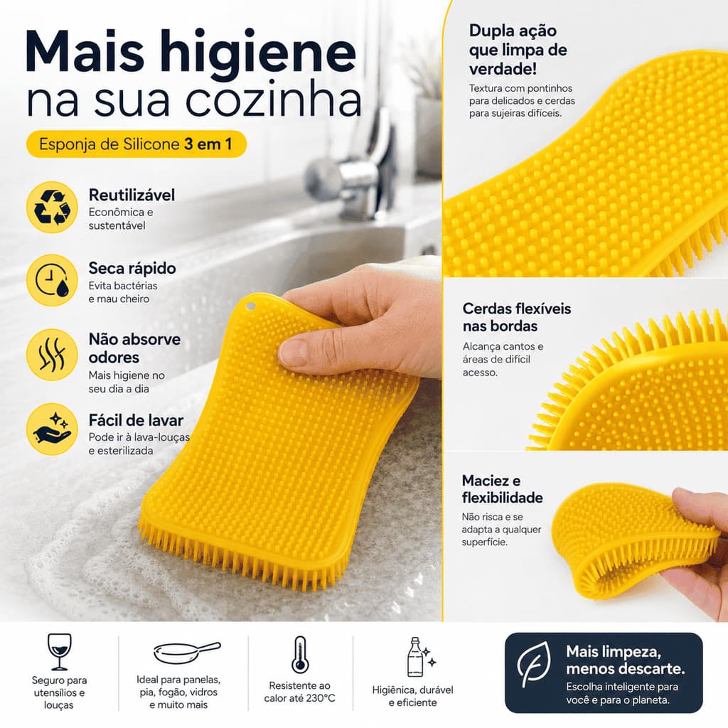 Esponja Silicone Reutilizavel Premium 3 em 1 Multiuso louças