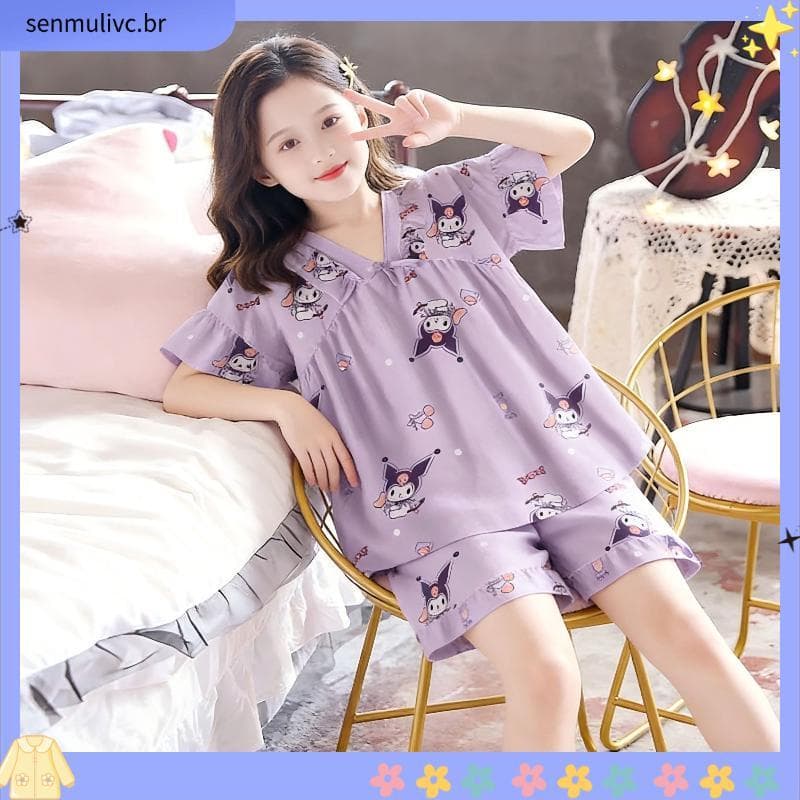 Pijamas crianças 2025 estilo princesa médio grande crianças terno novo estilo verão moda menina gelo seda estilo fino Ho