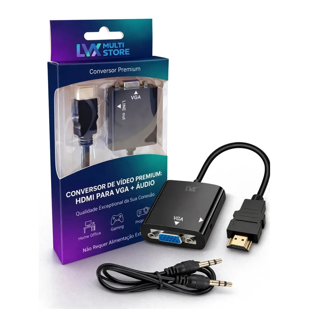 Conversor Hdmi Para Vga Com Áudio P2 Full Hd 1080p, Para Notebook, Pc, Projetor E Tv