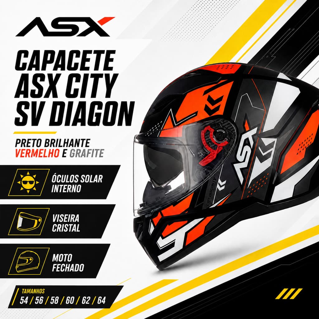 Capacete ASX City SV Diagon Preto Brilhante Vermelho e Grafite Fechado com Óculos Solar Interno e Viseira Cristal