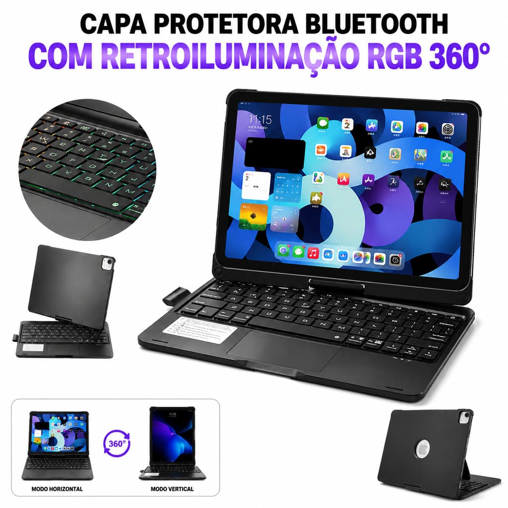 Capa Giratória 360° Teclado Iluminado Bluetooth para iPad 11ª A16, iPad 10 10.9", iPad 9/8/7, Air 11 Air6 Air5