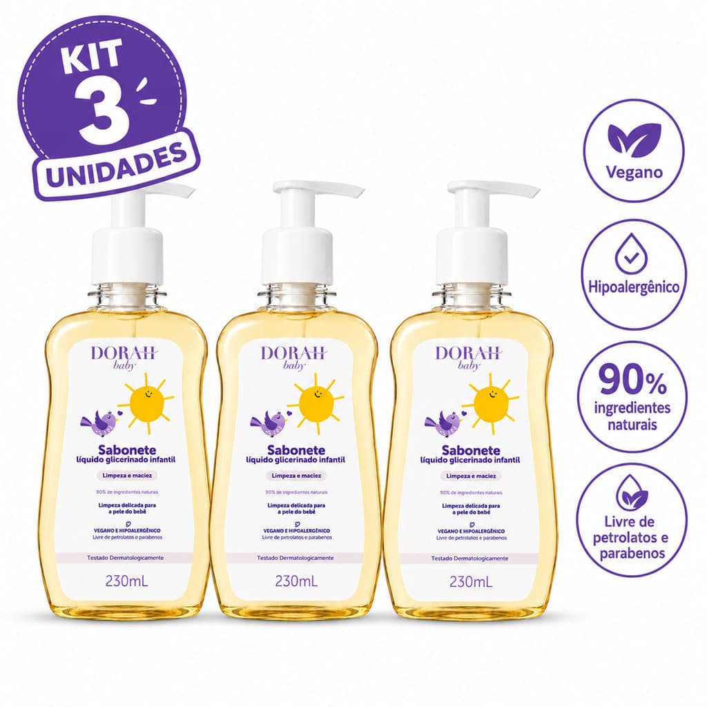 3x Dorah Baby Sabonete Líquido para Bebê 230ml Glicerinado Vegano Hipoalergênico com Válvula Pump