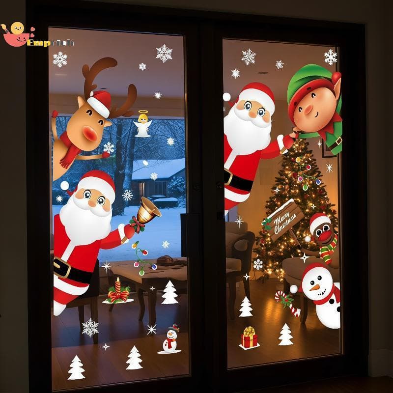 EMCH > Janela De Natal Stiers Estáticos 2/4 Folhas Removíveis DIY Santa Rena Decalques De Floco De Neve Para Decoração D