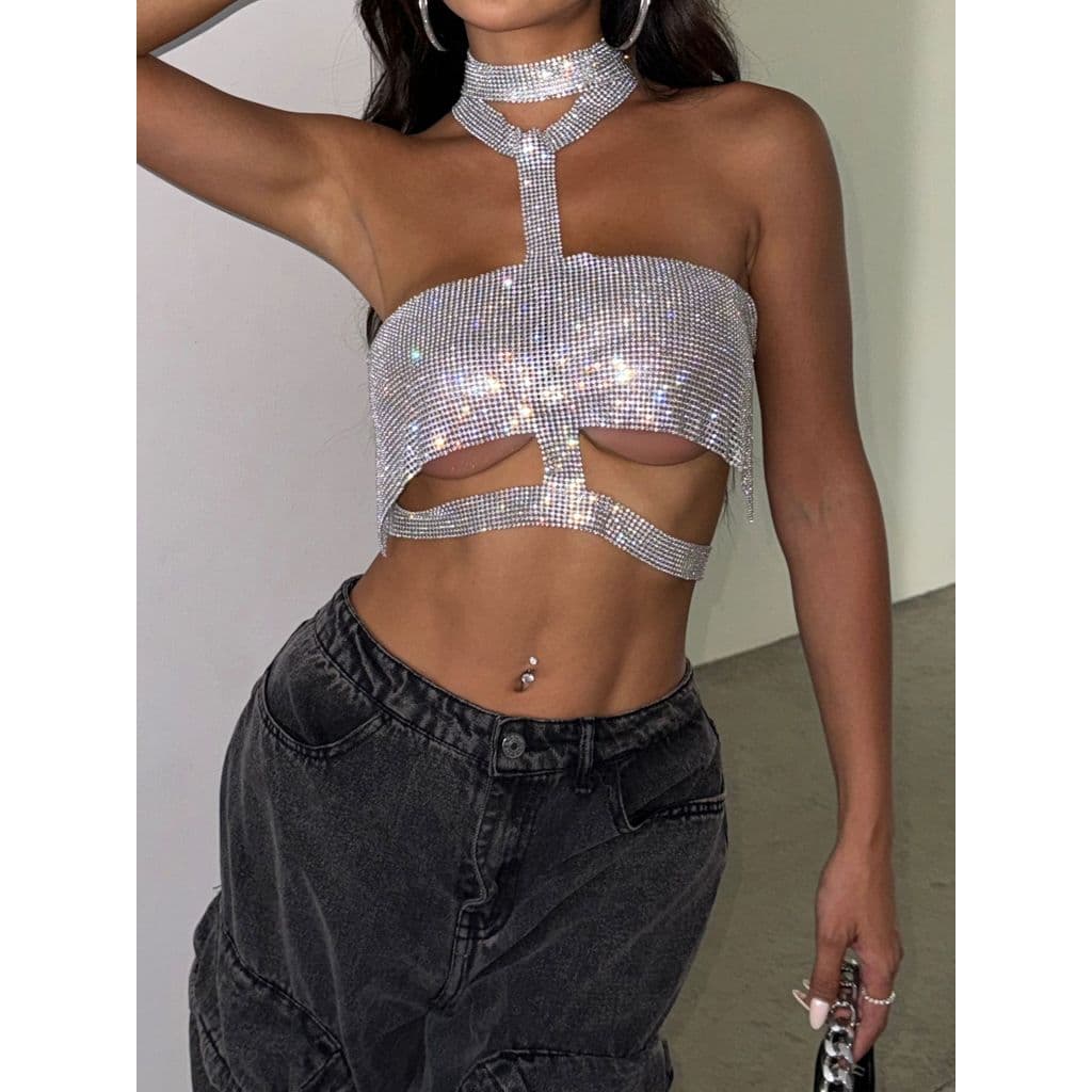 [Novo produto] Mulheres Metal Strass Top Feel Halterneck Colete American Hot Girl Top Lantejoulas Sling [Venda quente]