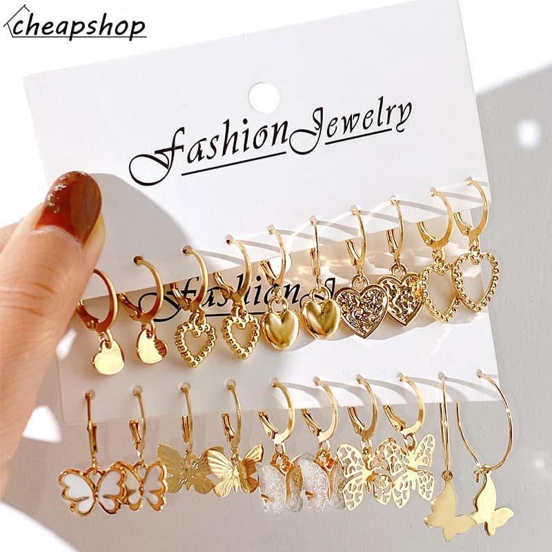 10Pairs/Set Elegant Heart Butterfly Drop Earring Brincos De Fita De Ouro Oco Para Acessórios De Jóias Femininas
