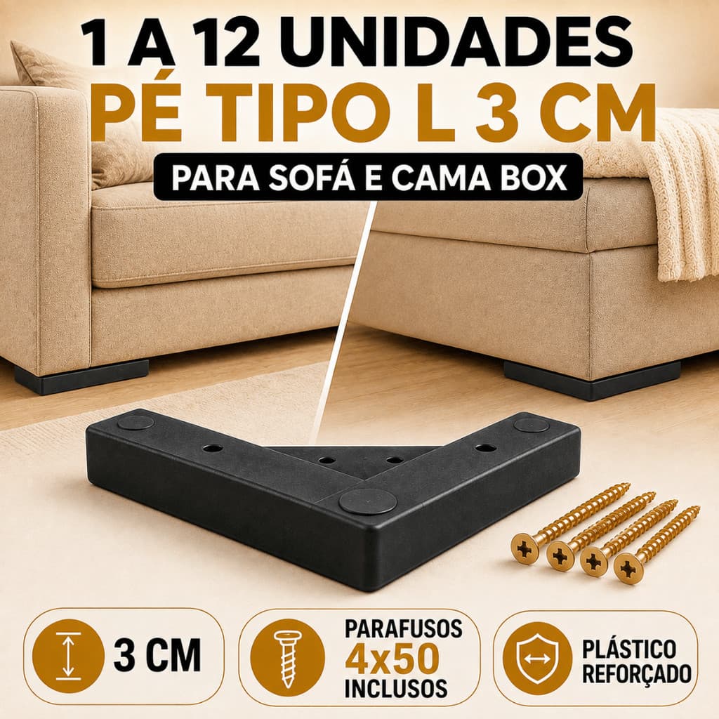 Pé Tipo L Cantoneira Sofá Cama Box Puff Rack Reforçado 20x20cm Com Parafuso 2 a 12 Un