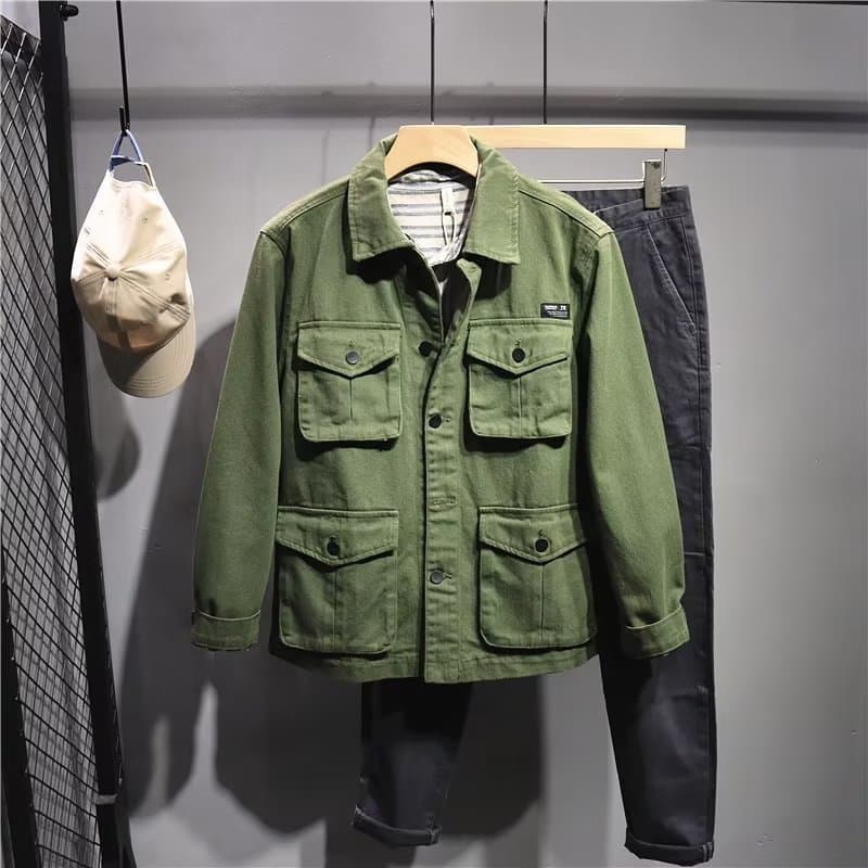 Jaqueta Verde Militar Pesada Lavada com Múltiplos Bolsos, Casaco Casual Moderno para Trabalho, Blusa Masculina de Corte
