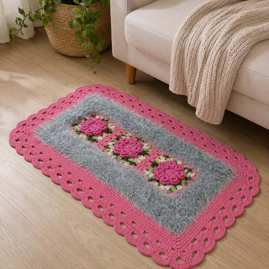 Tapete de Crochê Rosa Cinza Artesanal 50x90 sala quarto