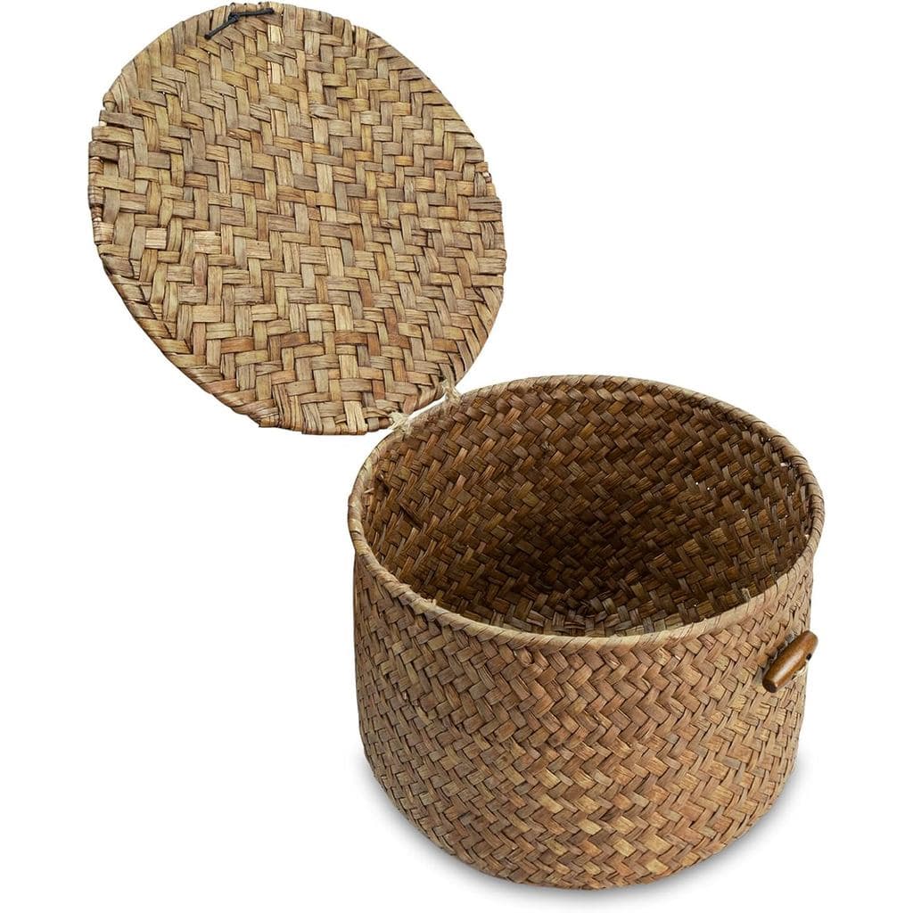 Cesta Artesanal de Palha de Mar com Tampa, Cesta Redonda Pequena para Armazenamento, Organizador Decorativo para Casa (7