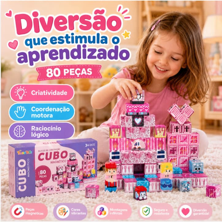 Blocos Magnéticos de Montar 80 Peças Brinquedo Educativo Infantil Construção Criativa Castelo Casa