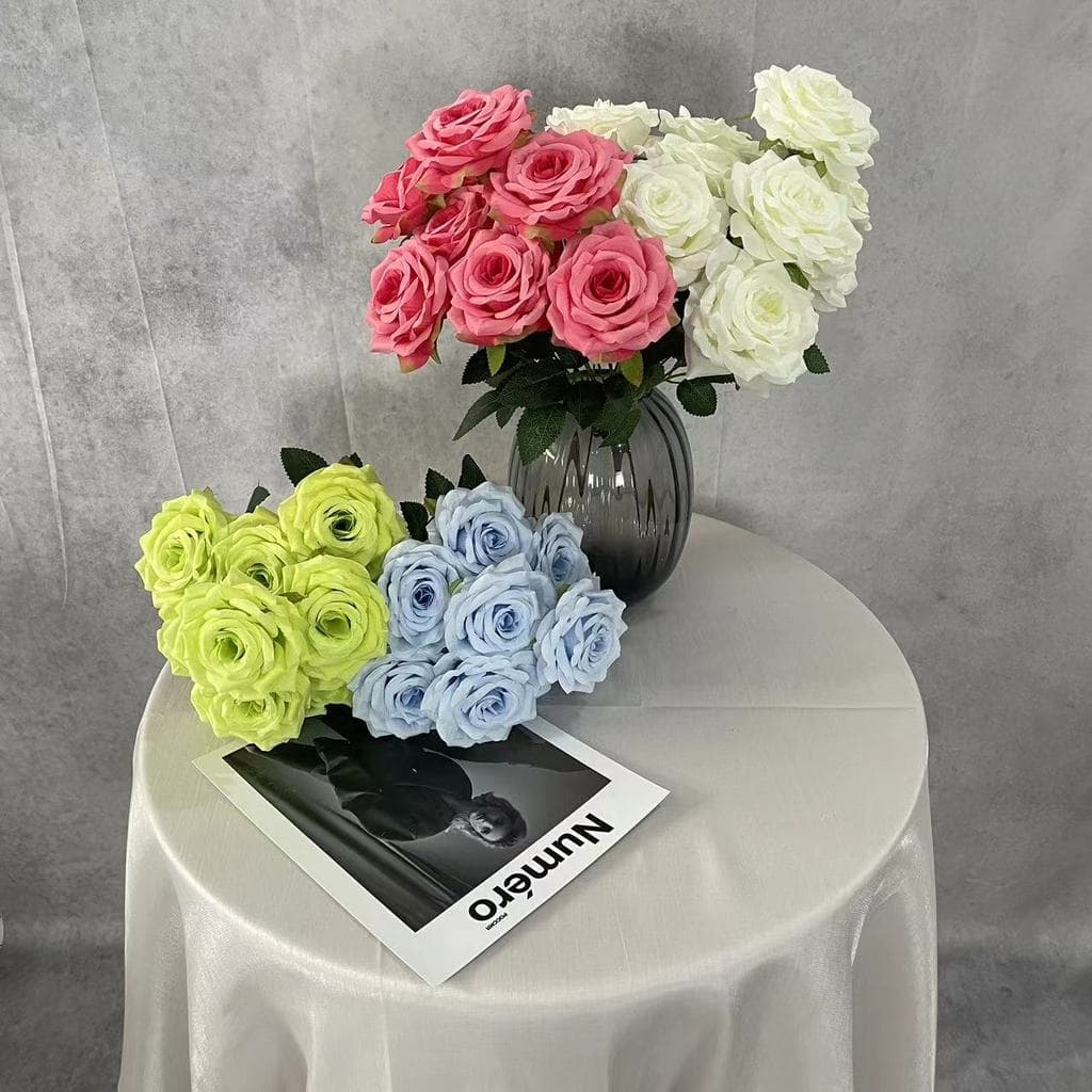 Flores artificiais 9 rosas de diamante buquê artificial flores artificiais de alta qualidade pano de lã rosa decoração d