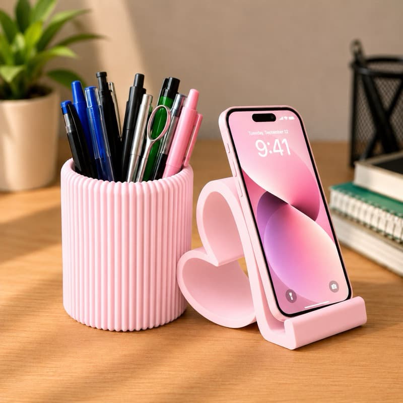 Porta Canetas e Suporte para Celular Coração 2 em 1 Organizador de Mesa Decorativo Porta Celular