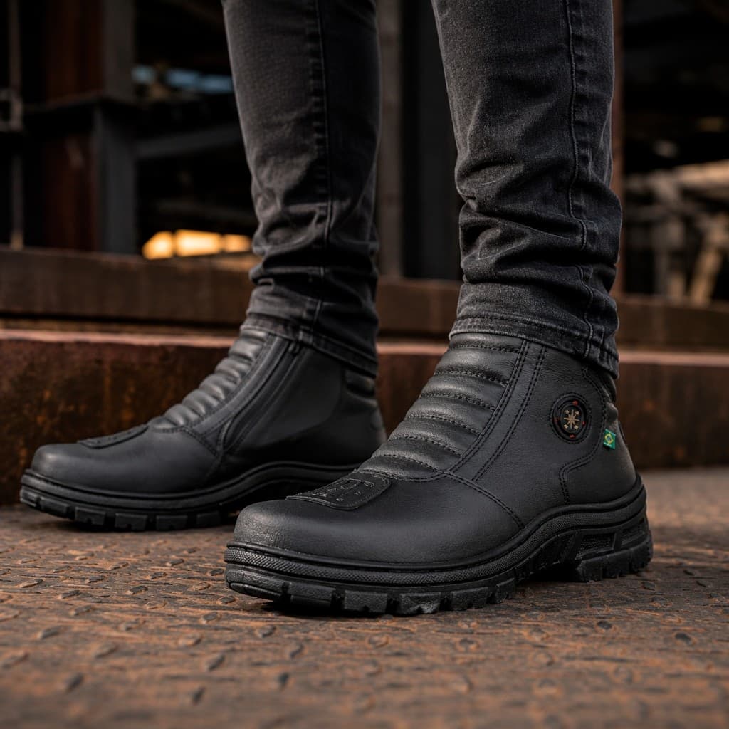 Bota Motociclista Cano Médio Couro Ecológico Premium de Zíper Segurança Confort Street Force