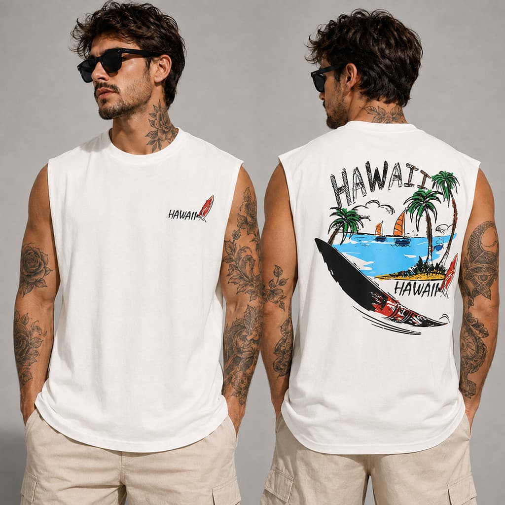 Regata Masculina Machão Treino em Algodão Camiseta Cavada Hawaii Surf Praia Volei Primavera Verão Tendencia 2026 Prancha