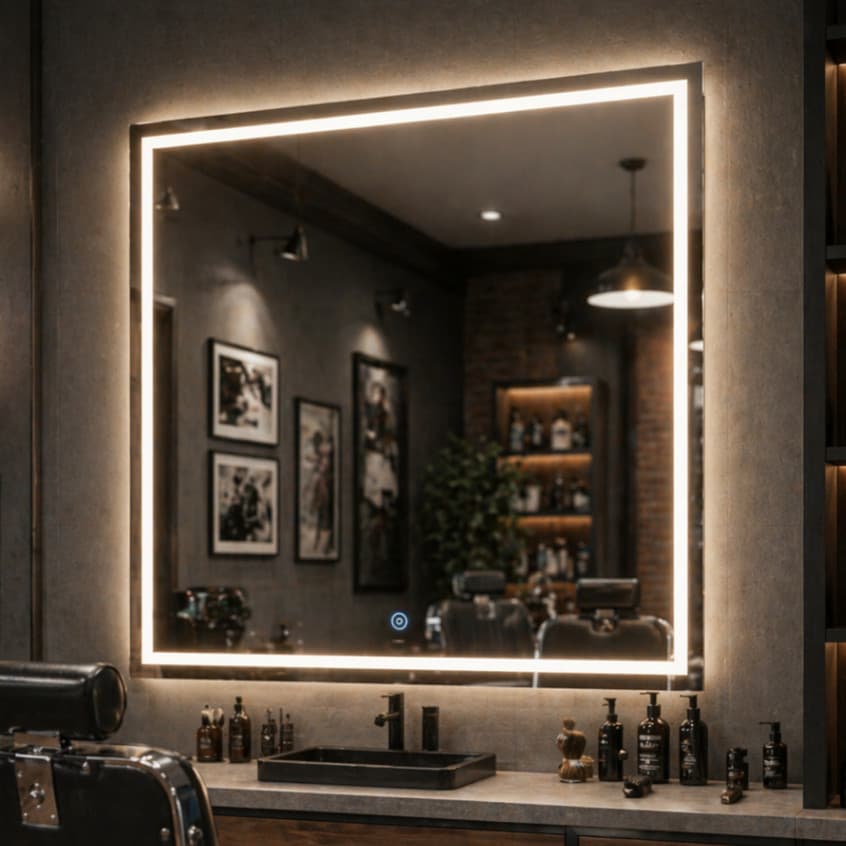 Espelho Quadrado com LED mais Forte 60x60 Botão Touch 3 Cores Jateado Lapidado Decorativo Banheiro Luxo