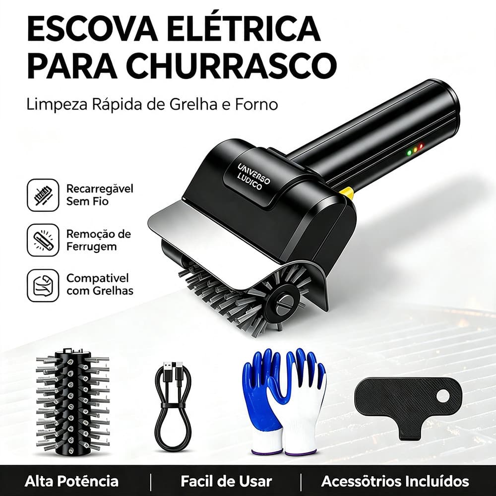 Escova Elétrica Sem Fio Para Limpeza De Churrasqueira Grill