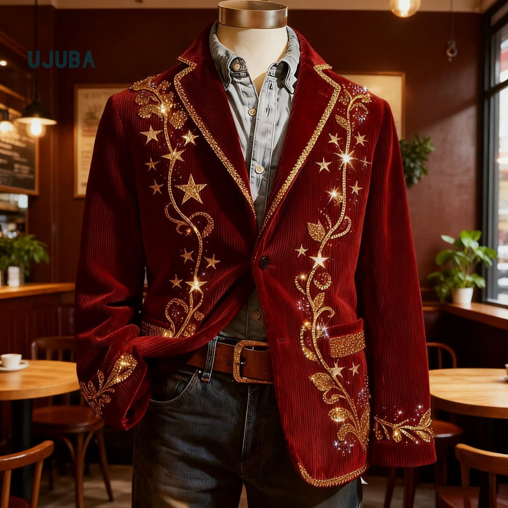 Men Formal Corduroy Jacket Luxurious Suit Coat Men's Slim Fit Single-breasted Lapel Long Sleeve 3d Christmas Print Blaze