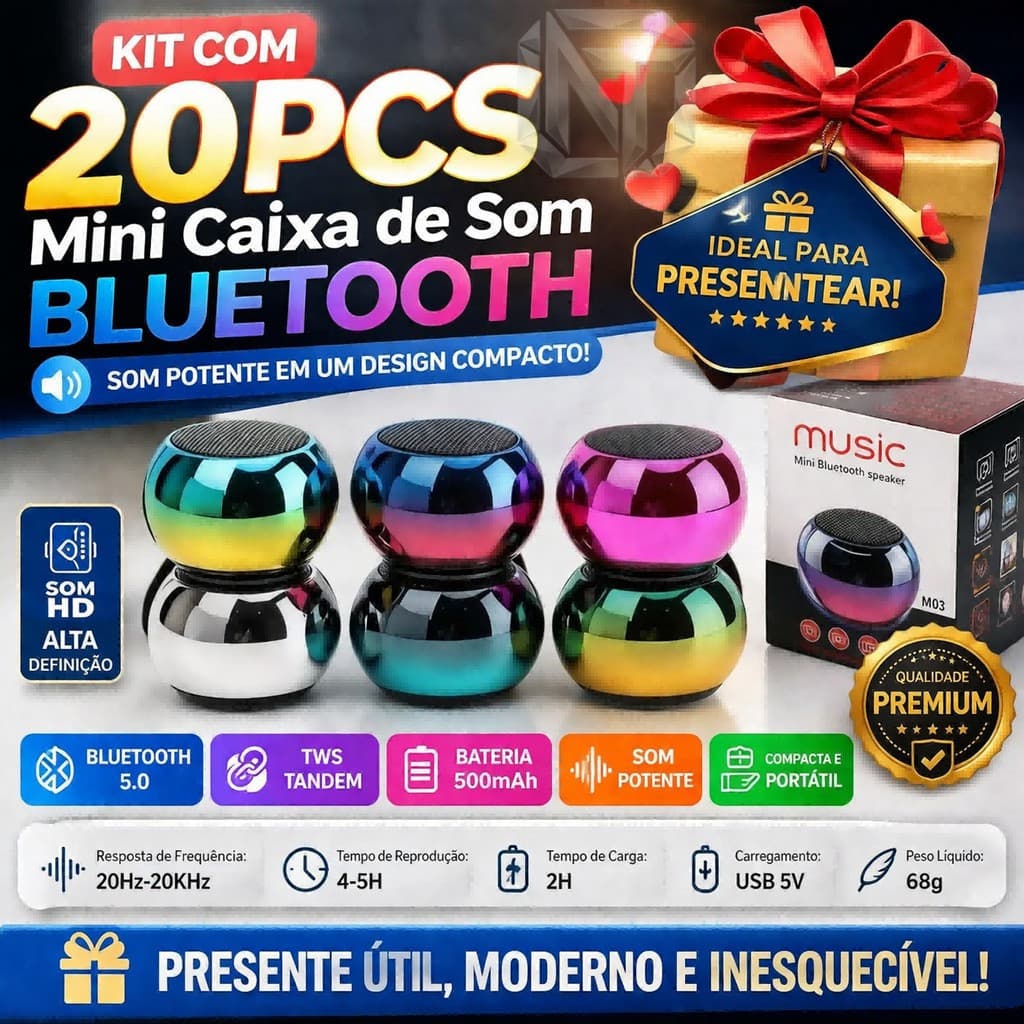 Kit 20 Caixinha Som Bluetooth Tws Metal Mini Speaker Amplificada M3S Cores Misturadas