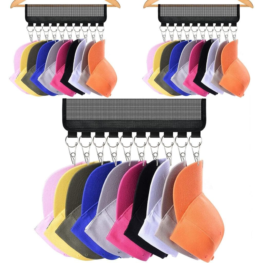 Baseball Cap Holder, 3 Pack Cap Organizer for Hanger & Closet, 10 Stainless Steel Hat Holder Clips to Hang Baseball Hats