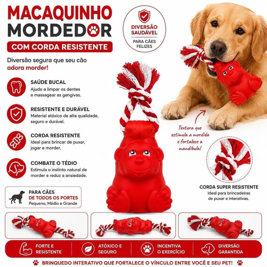 Brinquedo Pet Macaquinho Mordedor com Corda Reforçada para Cães - Leve, Ideal para Pequenos e Médios