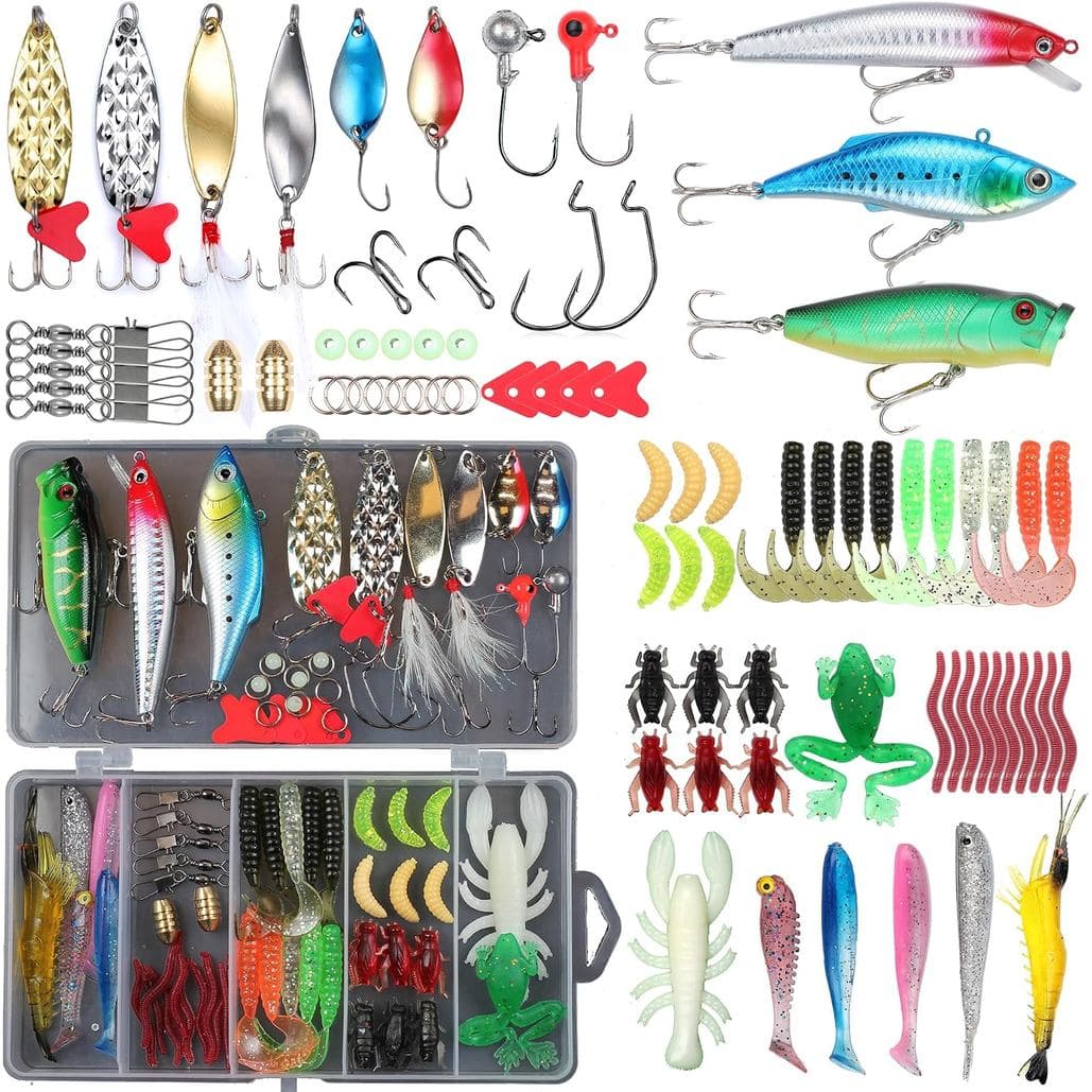 Iscas de Pesca, Caixa de Acessórios com Equipamento Incluso, Iscas Artificiais, Colheres, Iscas de Camarão, Anzóis, Peso
