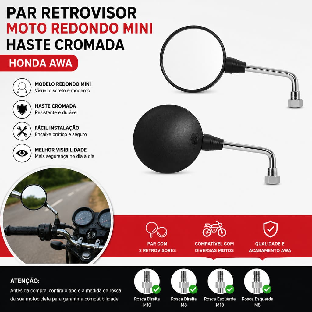 Par Retrovisor Moto Redondo Mini Haste Cromada Honda Awa
