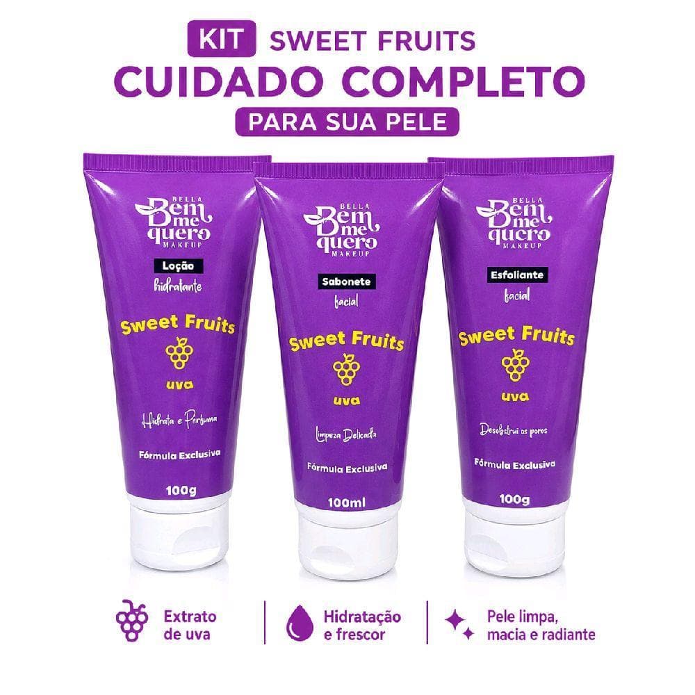 Kit Skincare uva – Loção Hidratante + Sabonete Facial + Esfoliante Facial Bella bem me quero