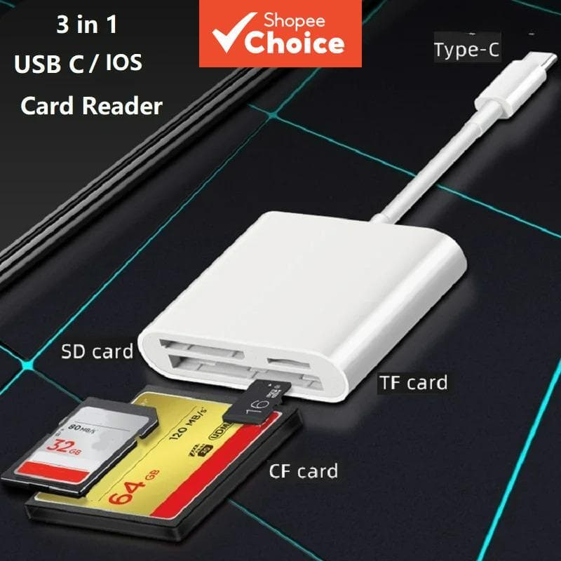 Leitor de cartão CF USB Tipo C para iPhone 3 em 1, adaptador SD/TF/CF, leitor de cartões de câmera, plug and play