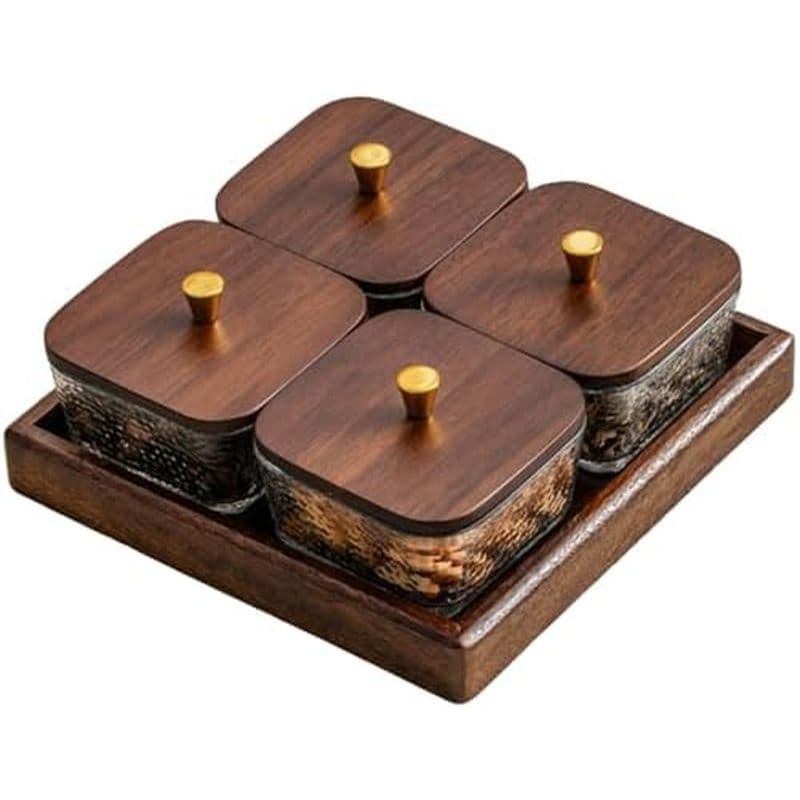 Recipiente De Caixa De Lanche De Vidro Quadrado Organizador De Lanches E Travessa De Frutas Com Tampas De Madeira De Nog