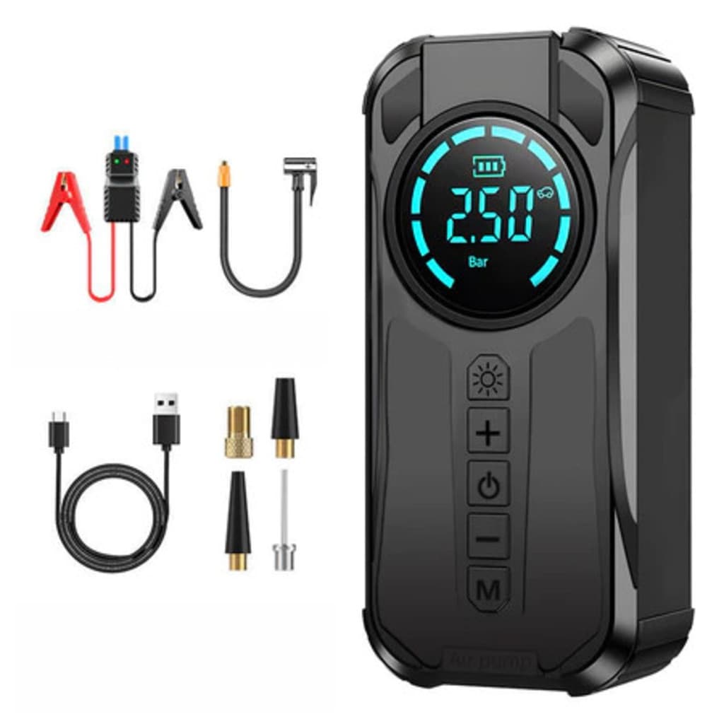 Compressor de Ar Portátil Digital Recarregável Inflador Pneu Carro Moto Bike USB LED  Multi-função 4 em 1 PowerBank