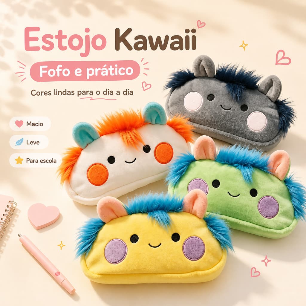 Estojo Kawaii de Pelúcia Fofo Porta Lápis Escolar Feminino Papelaria Fofa Criativa para Canetas e Acessórios