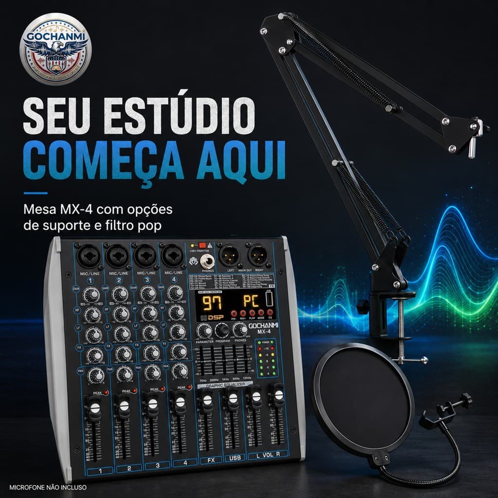 Mesa de Som MX-4 com Suporte de Microfone para Home Studio e Streaming