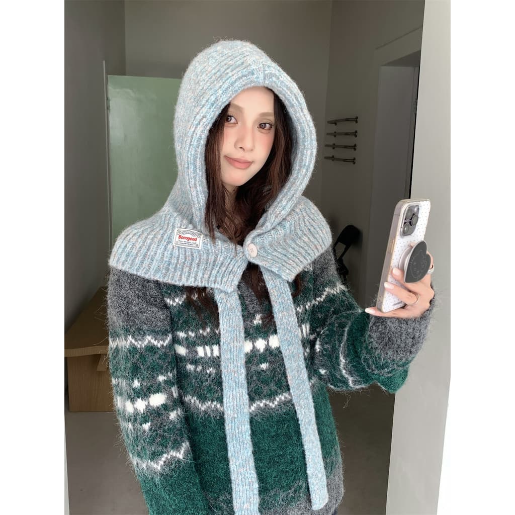 Outono inverno chapéu de malha de uma peça outono inverno novo chapéu Balaclapha fivela babador Extra grande ins estilo