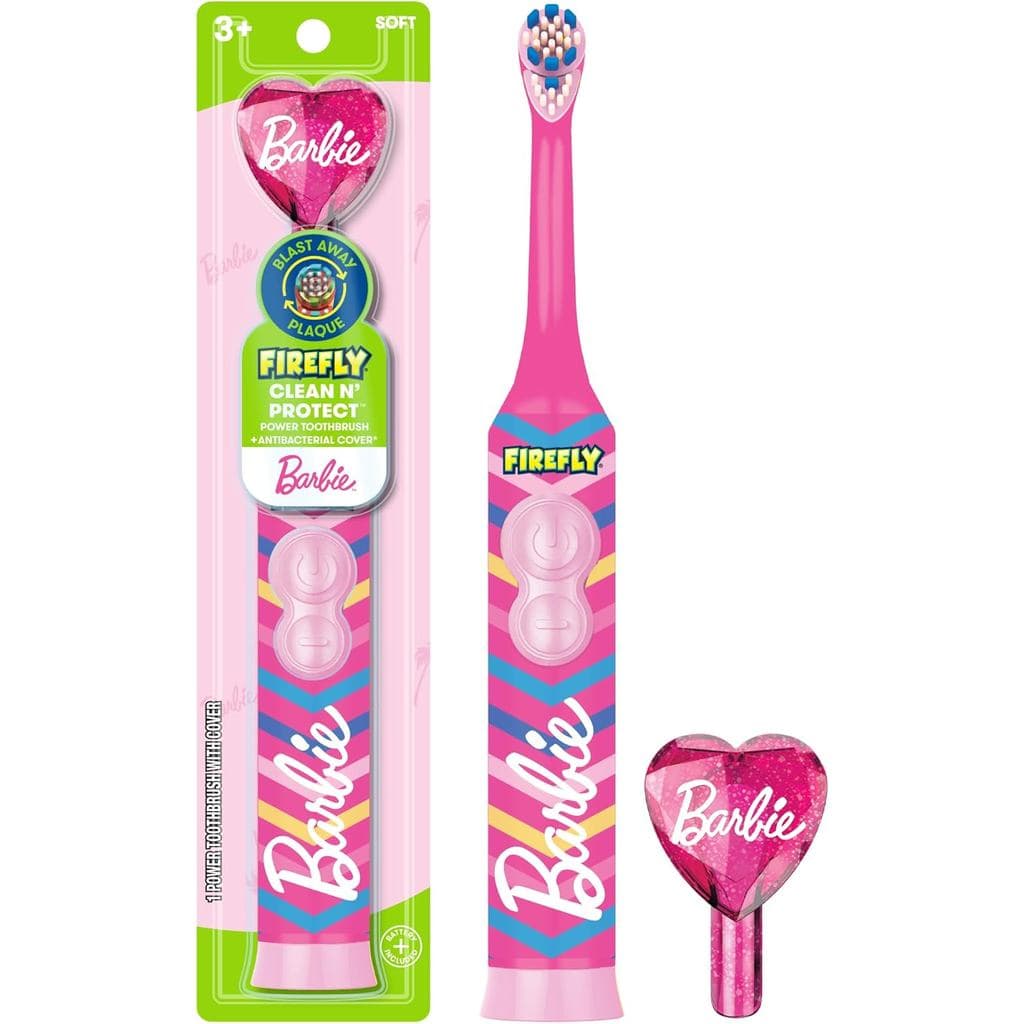 Escova de Dentes FIREFLY Clean N' Protect Barbie com Capa Antibacteriana, Cerdas Macias, Bateria Inclusa, Para Idades a